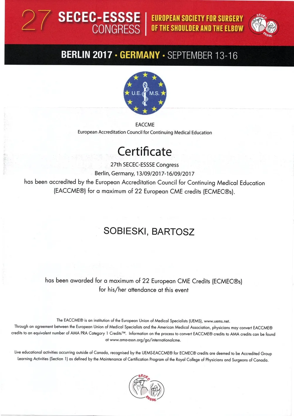 Certyfikat — dr n. med. Bartosz Sobieski