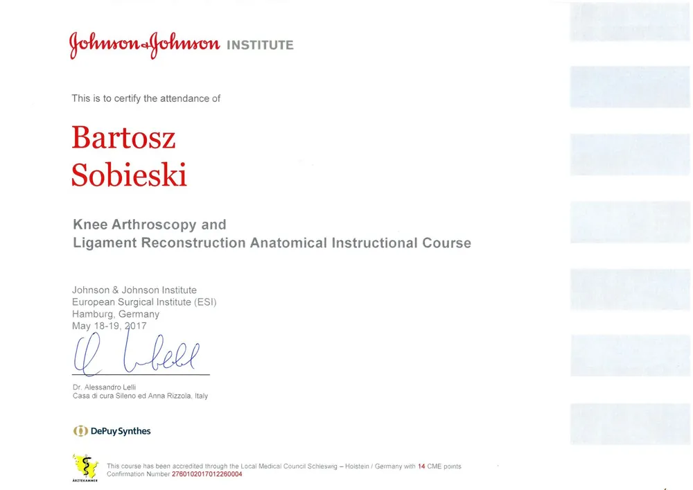 Certyfikat — dr n. med. Bartosz Sobieski
